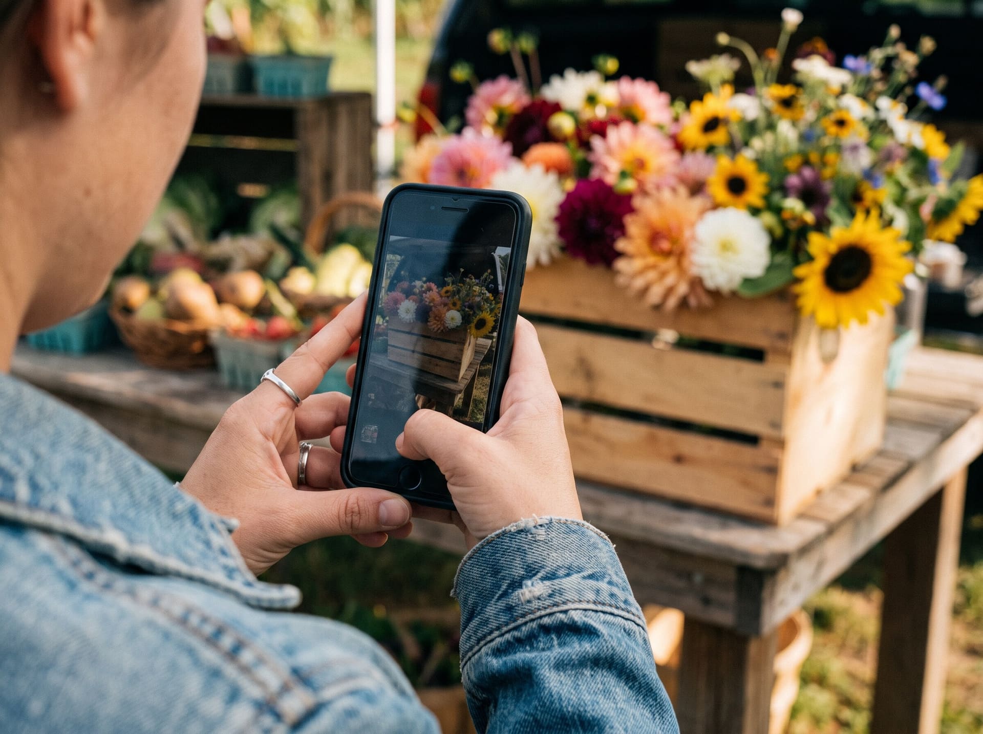 Person fotografiert mit dem Smartphone Blumen bzw. Ernte fuer den Versand per E-Mail